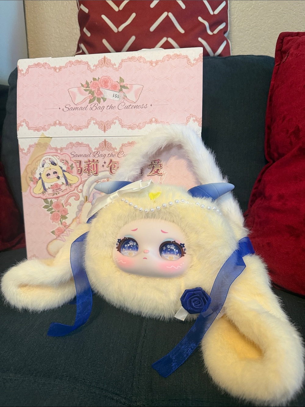 Samael Bag the Cuteness Plush Cream Kids Handbag with Blue Ribbon & Pearl Detail